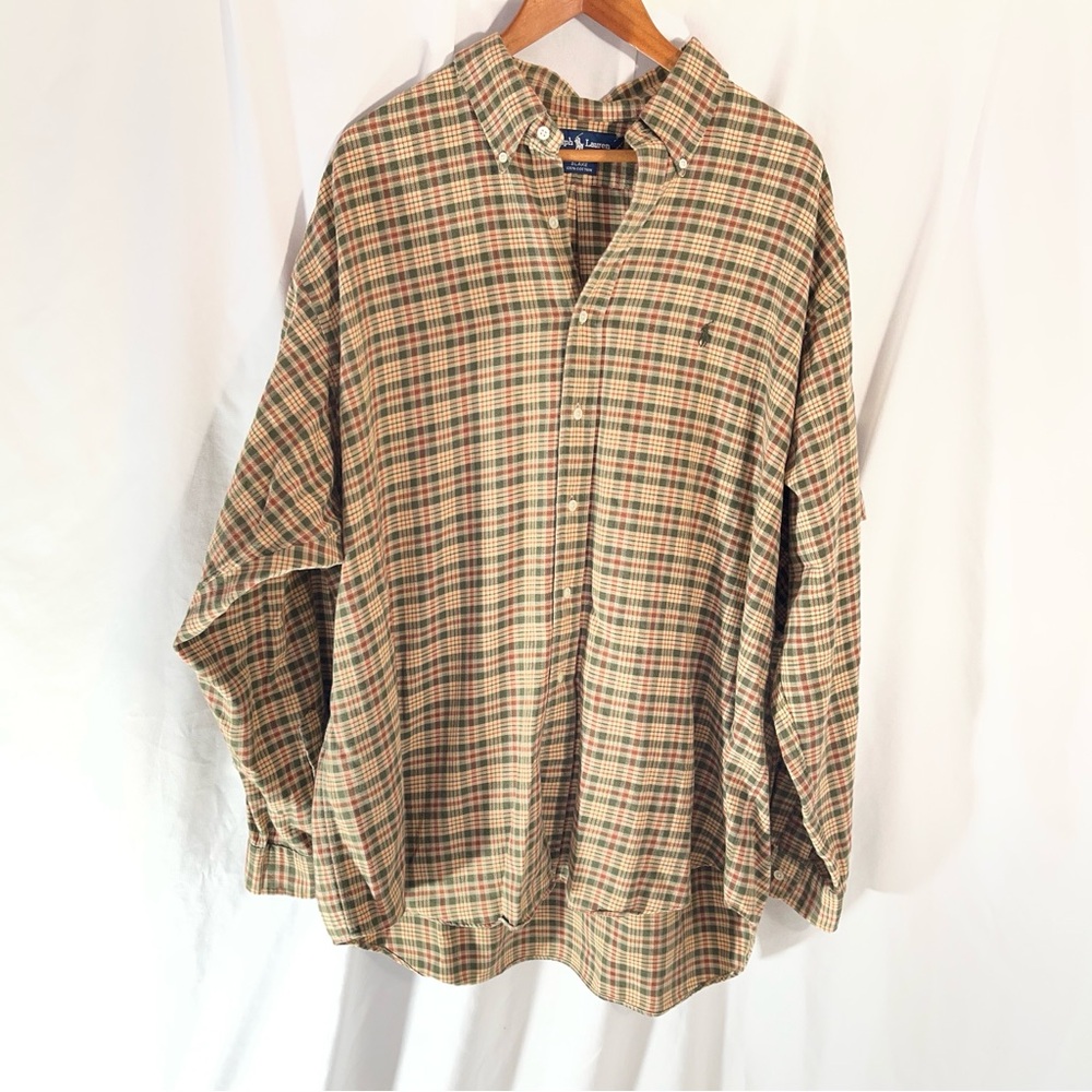 Men's RALPH LAUREN BLAKE XXL PLAID BUTTON/DOWN / FOREST GREEN / BRICK RED / TAN